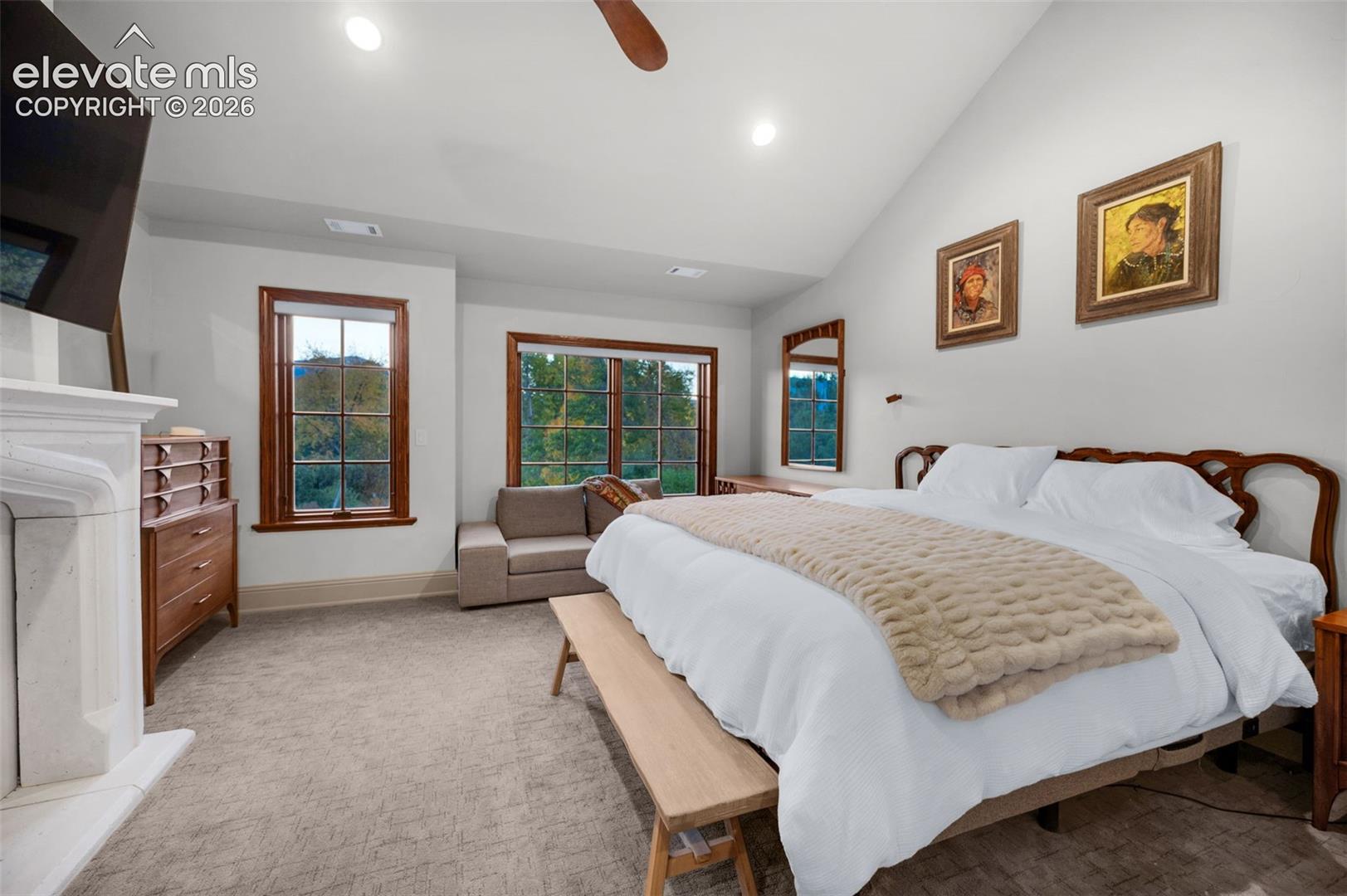 Vaulted ceilings, a stone-surround fireplace, multi-pane windows with wood trim, recessed lighting, and carpeting