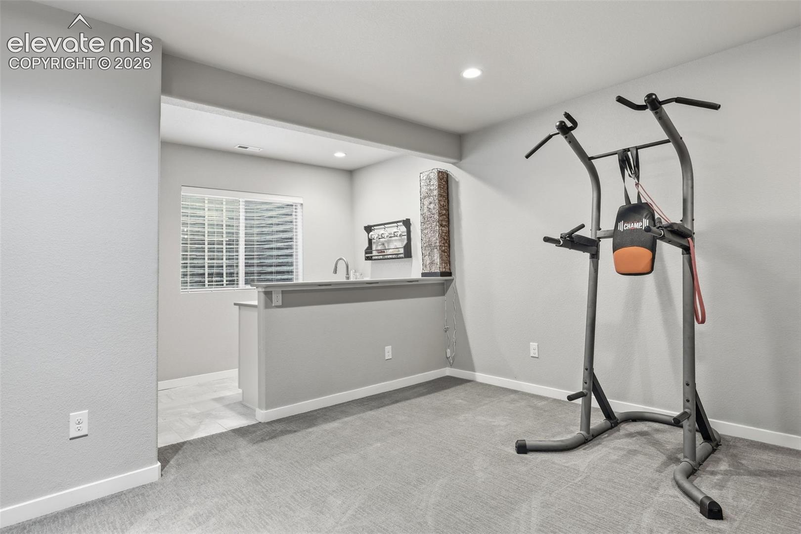Recessed lighting, wall-to-wall carpeting, and a built-in wet bar with a single basin sink.