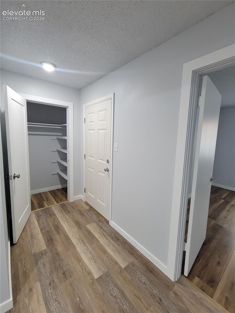 Entryway featuring wood-finish flooring, light gray wall paint, and white trim