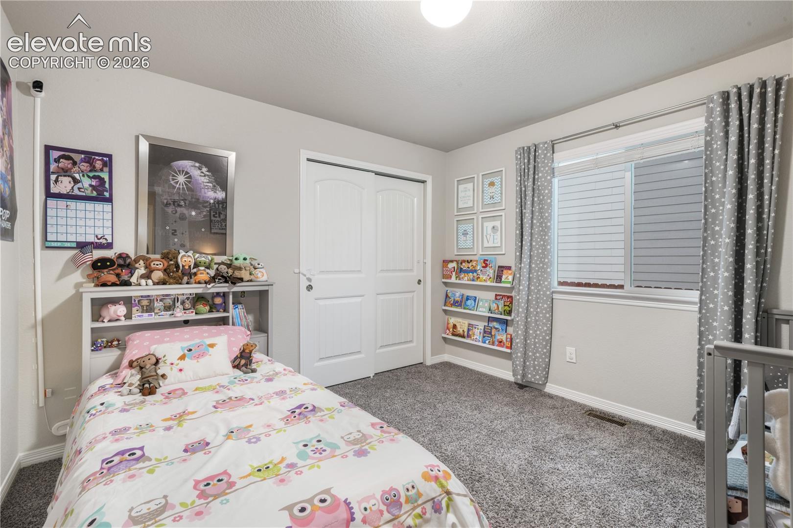 Carpeted flooring, white trim, a double-pane window, and a white sliding closet door