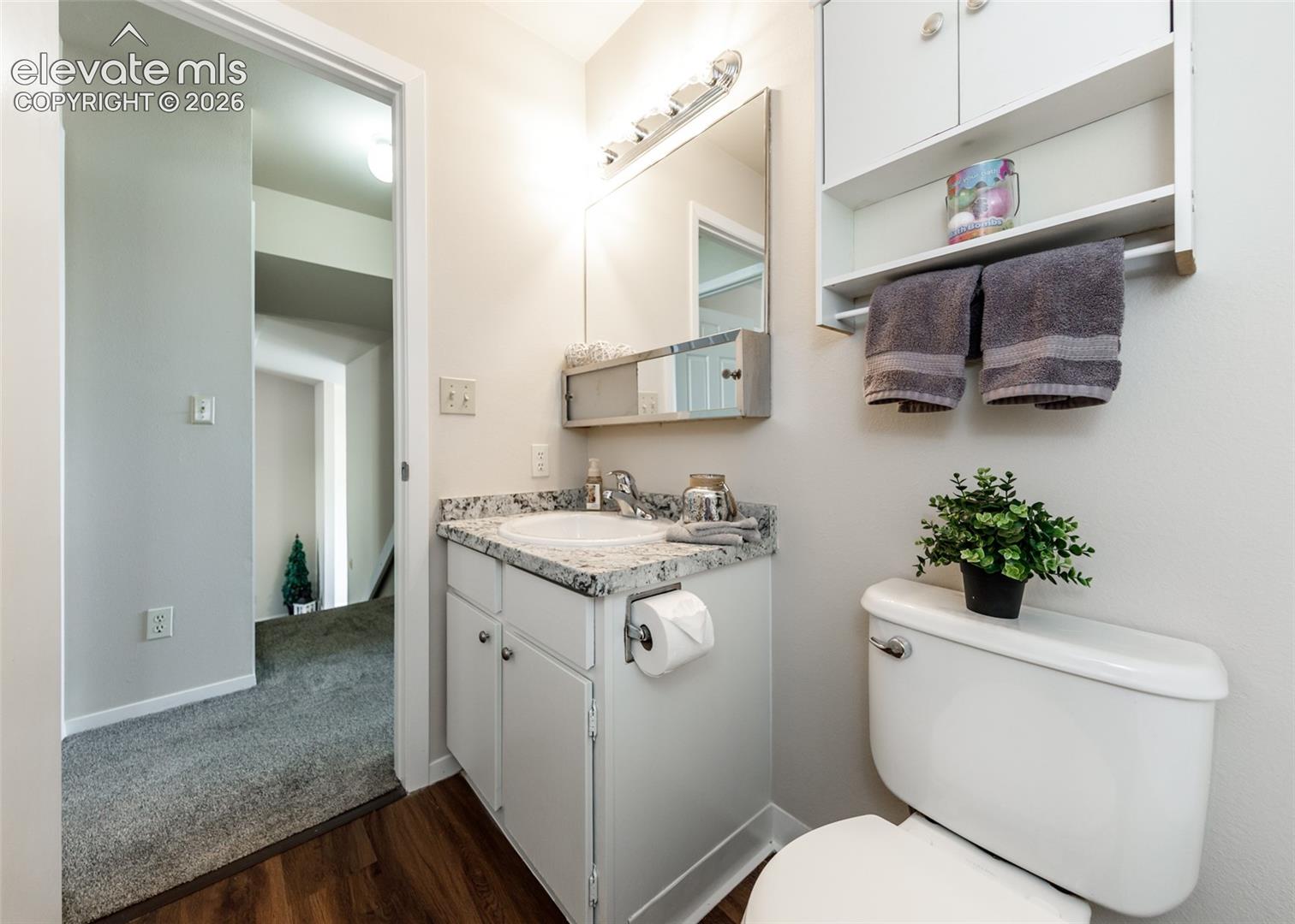 Bathroom with a white vanity cabinet, undermount sink, and a speckled countertop