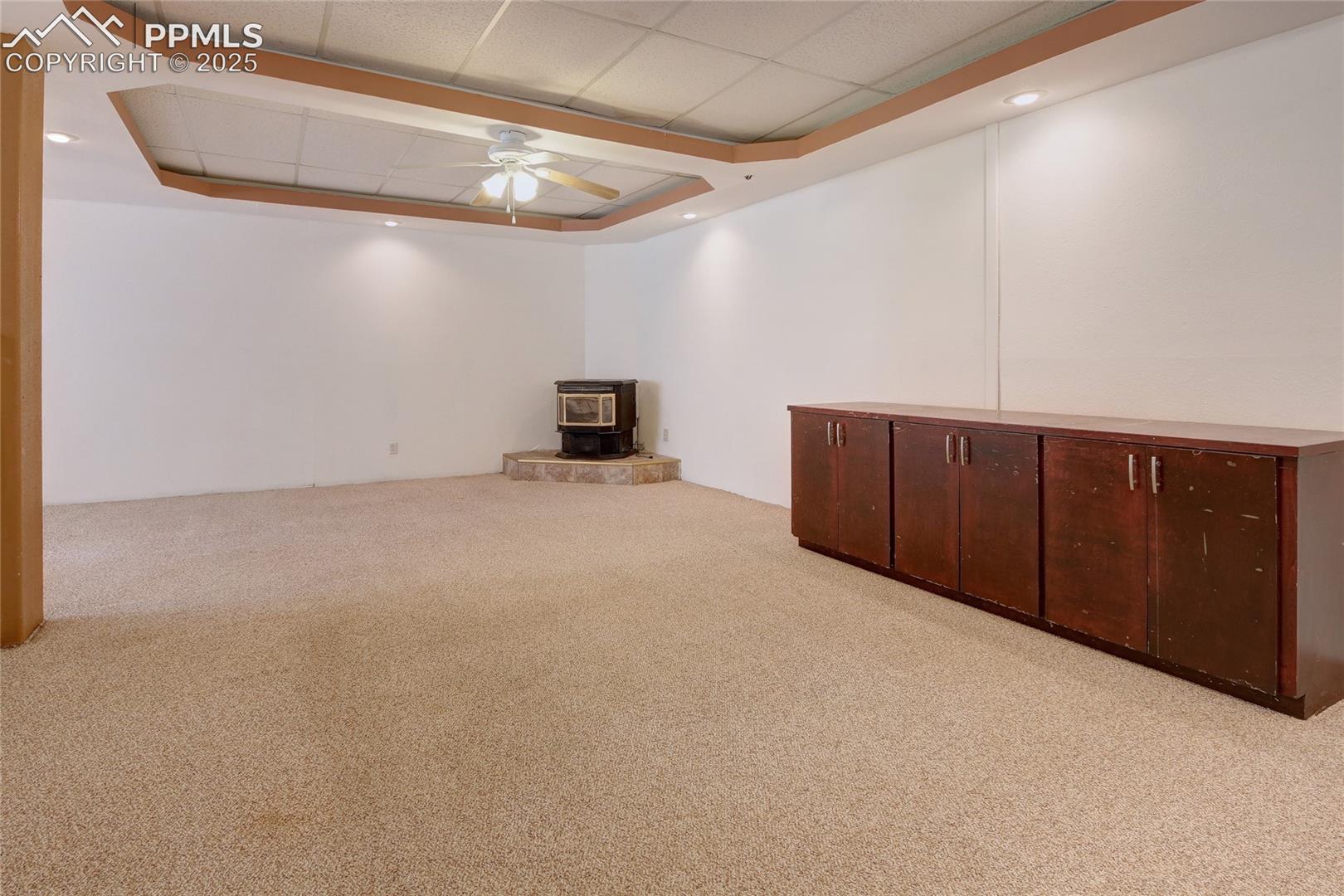 Family room featuring a pellet stove
