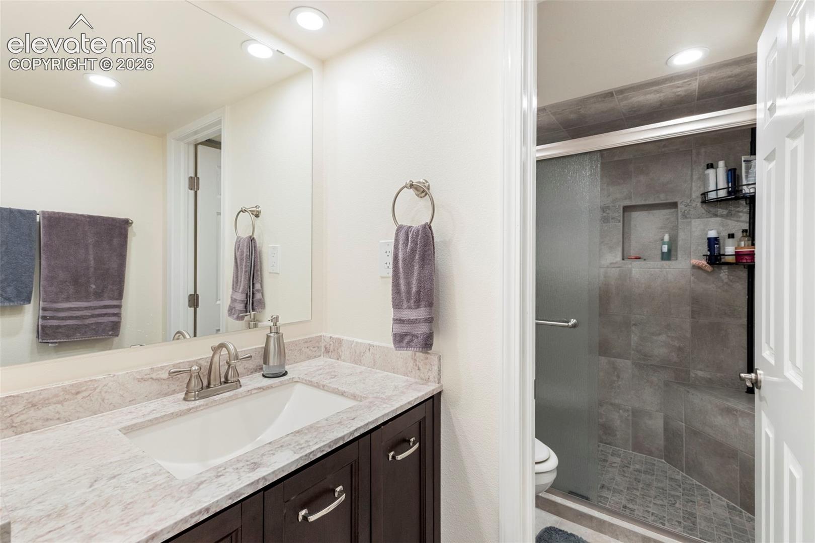Vanity with undermount sink and stone countertop, dark wood-finish cabinetry, and brushed nickel fixtures