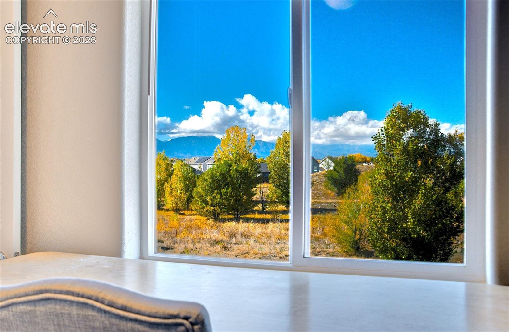 Large dual-pane window featuring a mountain backdrop and natural landscape scenery