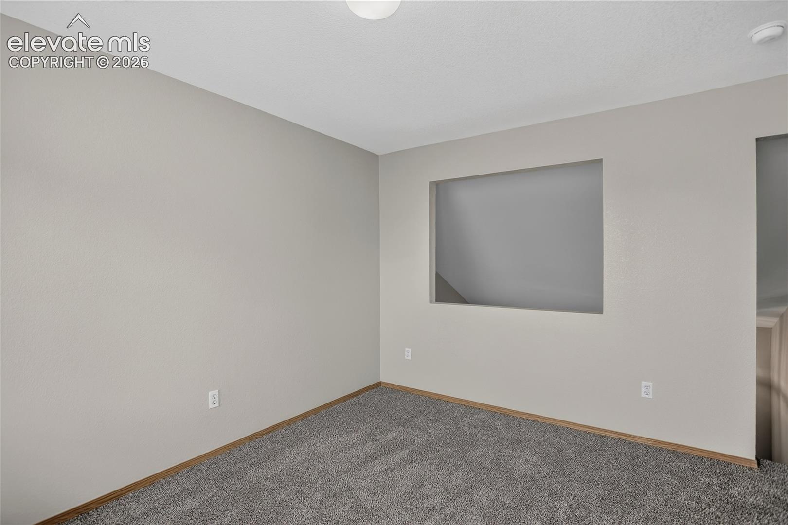 Carpeted flooring, neutral wall color, built-in wall cutout, ceiling-mounted light fixture, and wood-finish trim