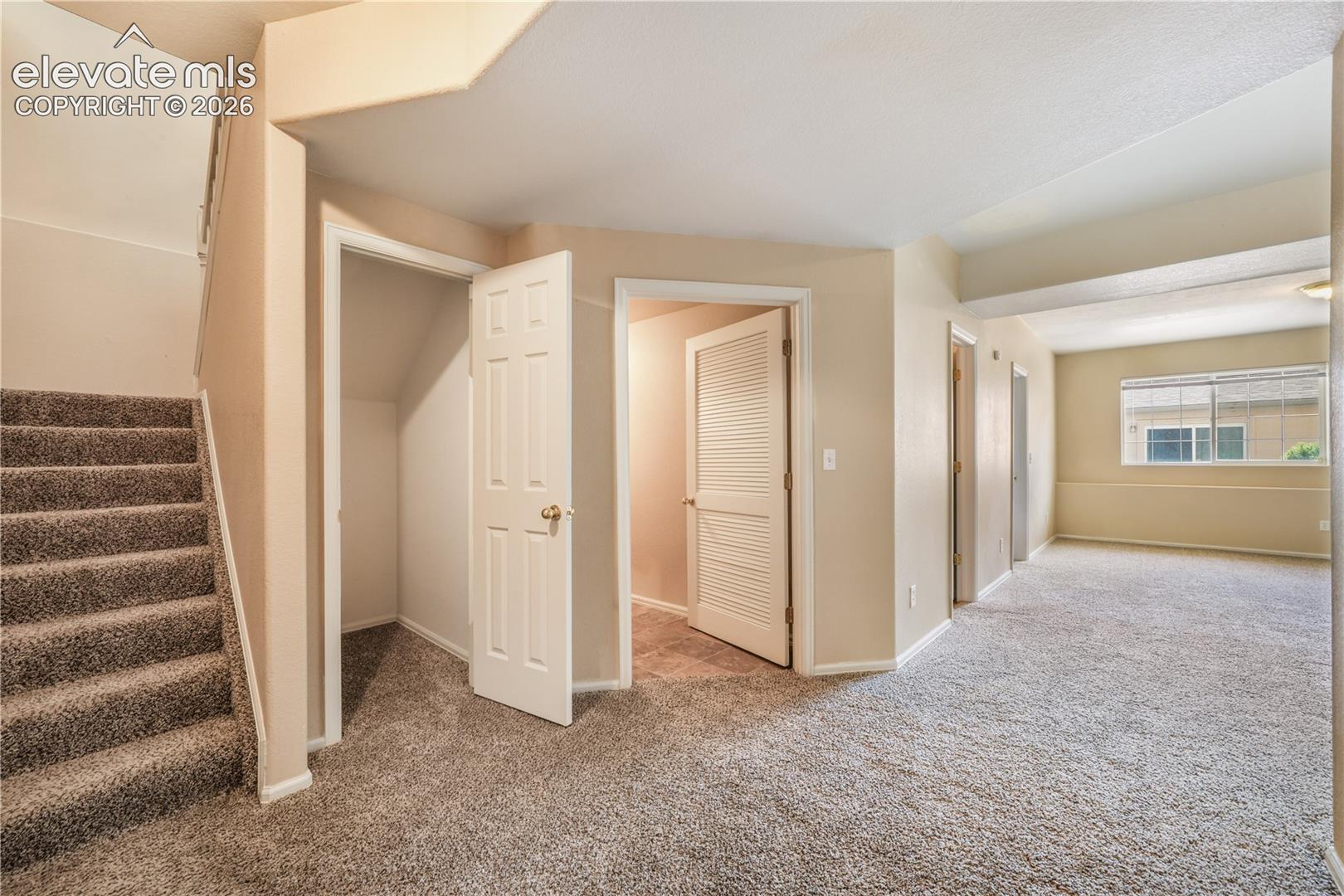 Basement view showing one of two storage areas, laundry room and family room
