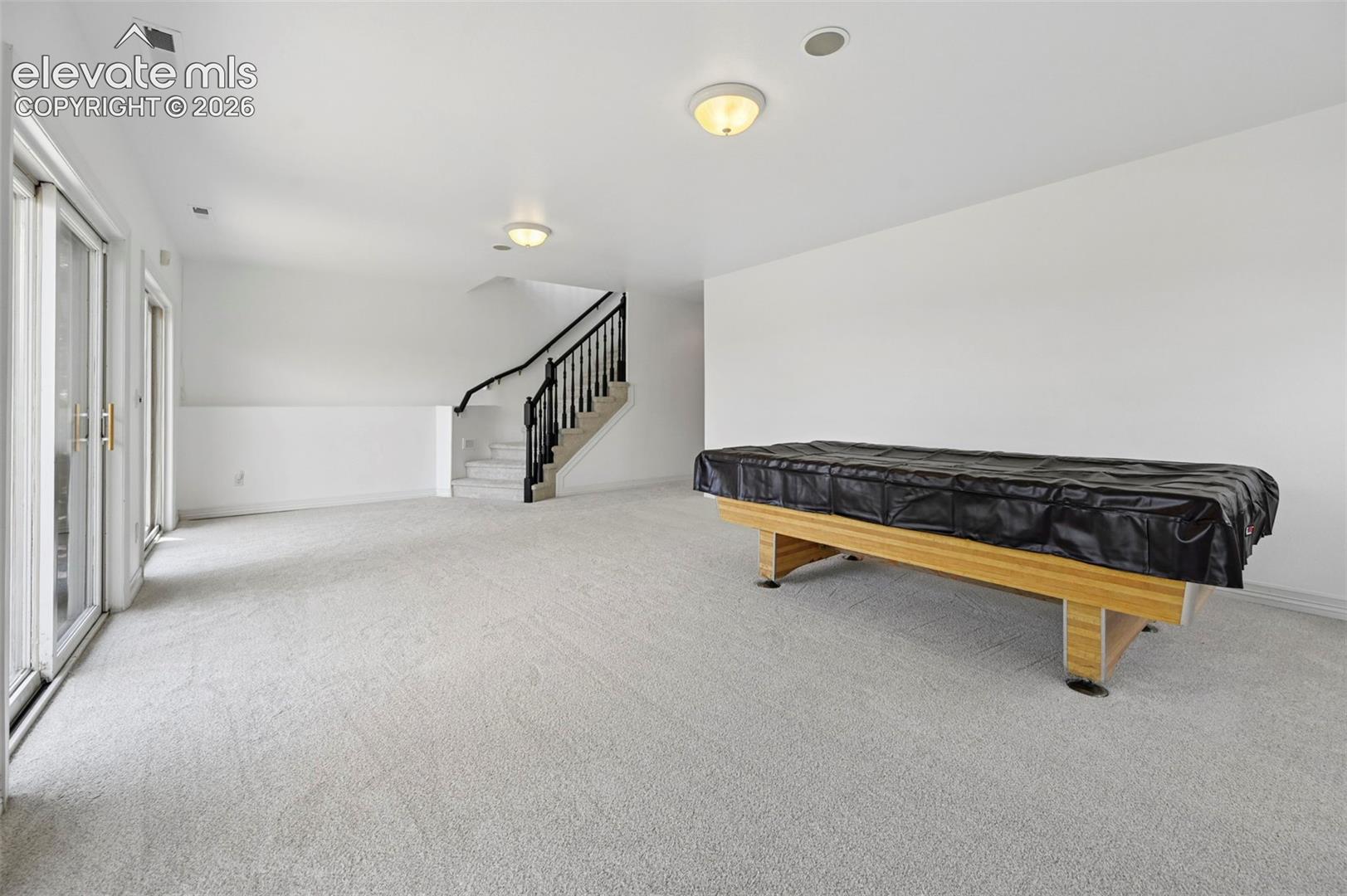 Spacious room featuring light-colored carpeting, white painted walls, and ceiling-mounted light fixtures