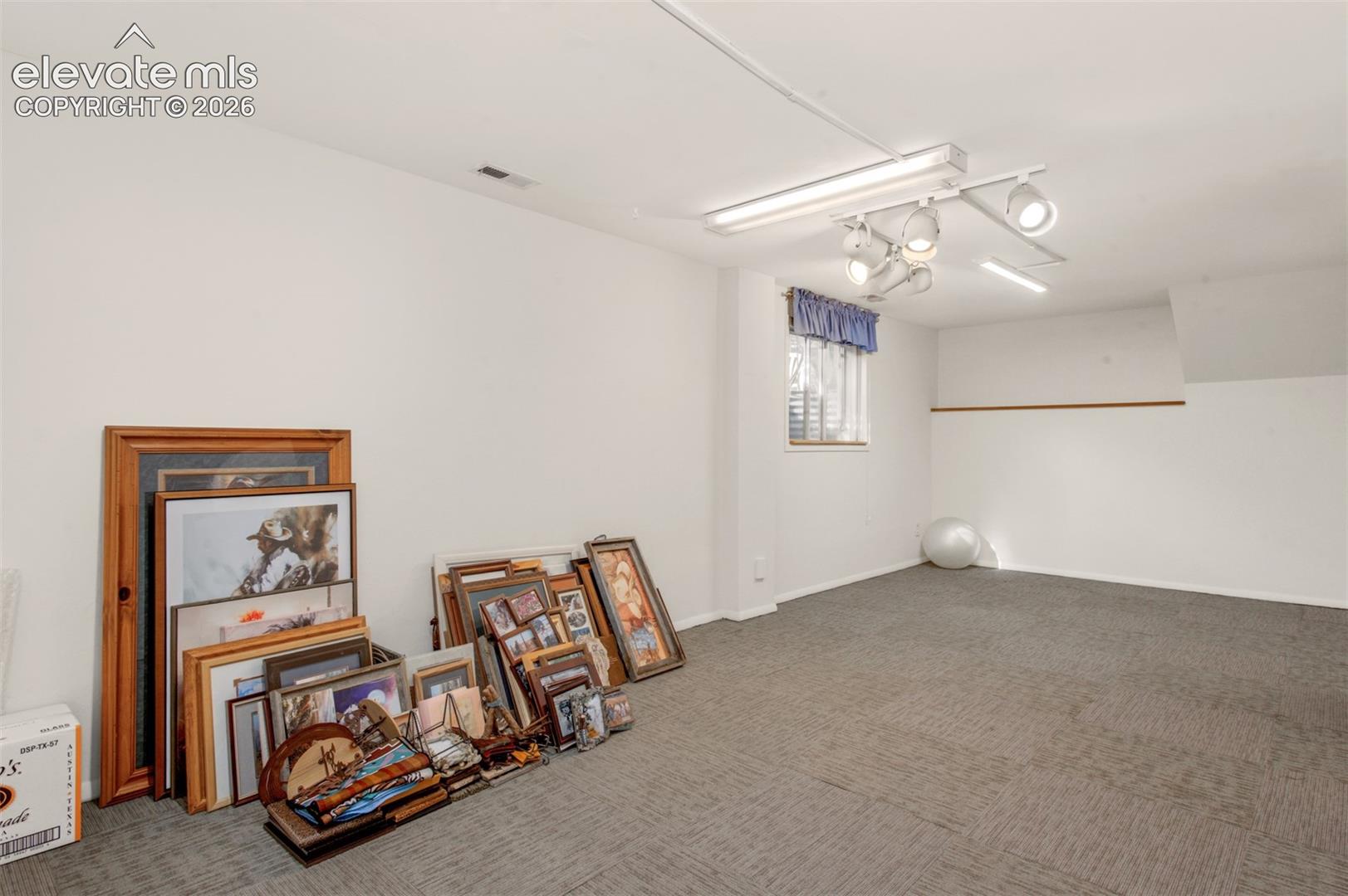 Carpeted room with a window, white walls, track lighting, and fluorescent overhead lighting