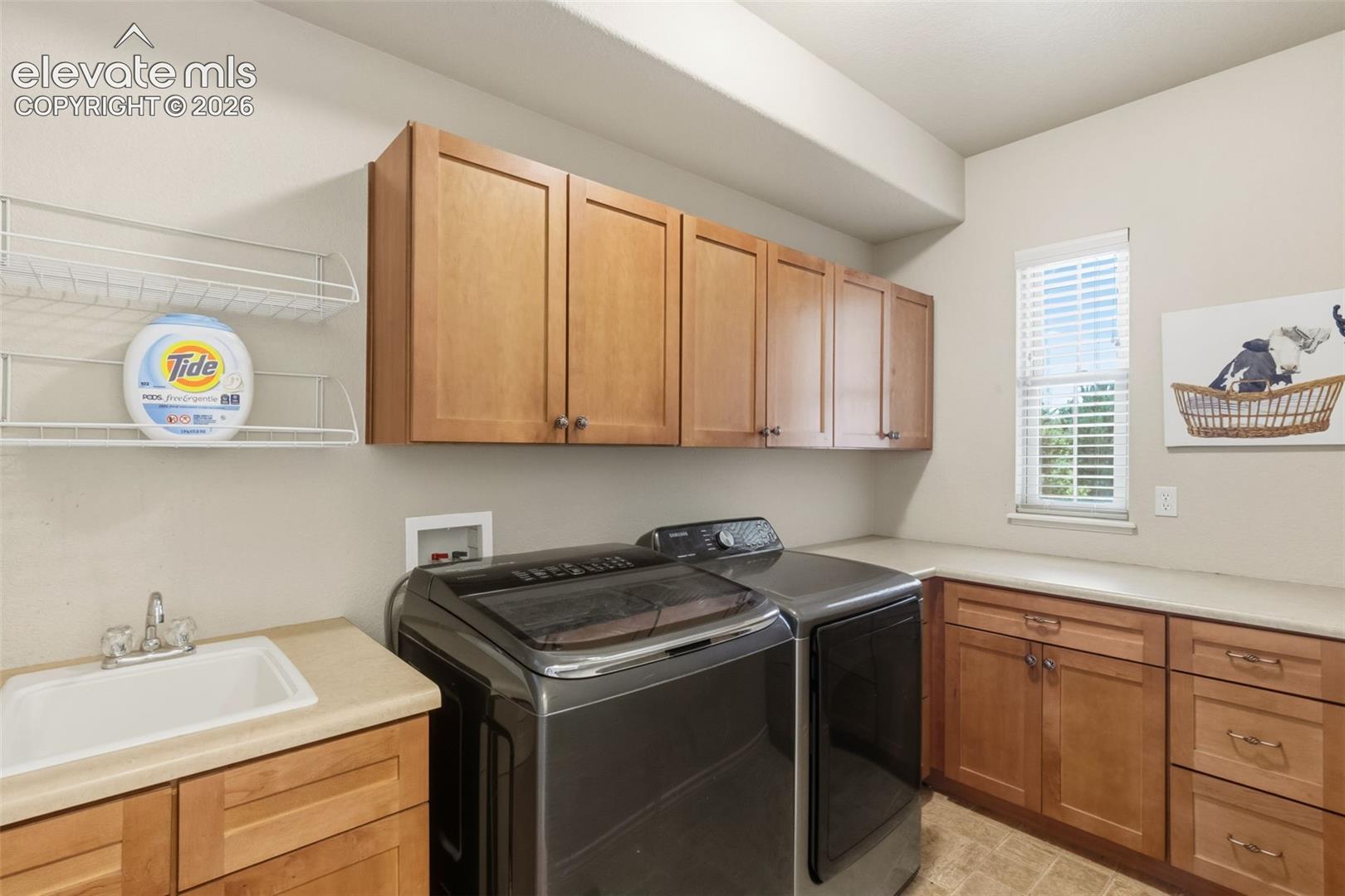 Dedicated laundry space featuring extensive cabinetry, integrated sink, countertop, and natural light from a window