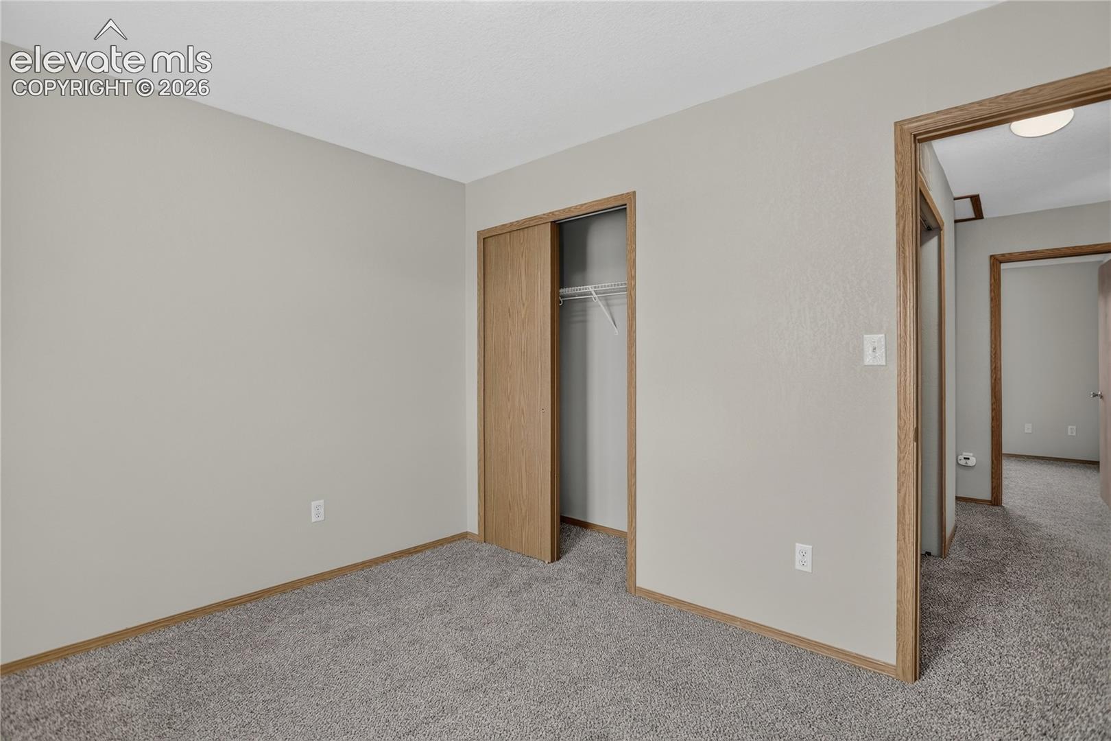 Neutral wall paint and trim, gray carpet flooring, wood-finish closet doors, and a built-in closet shelf