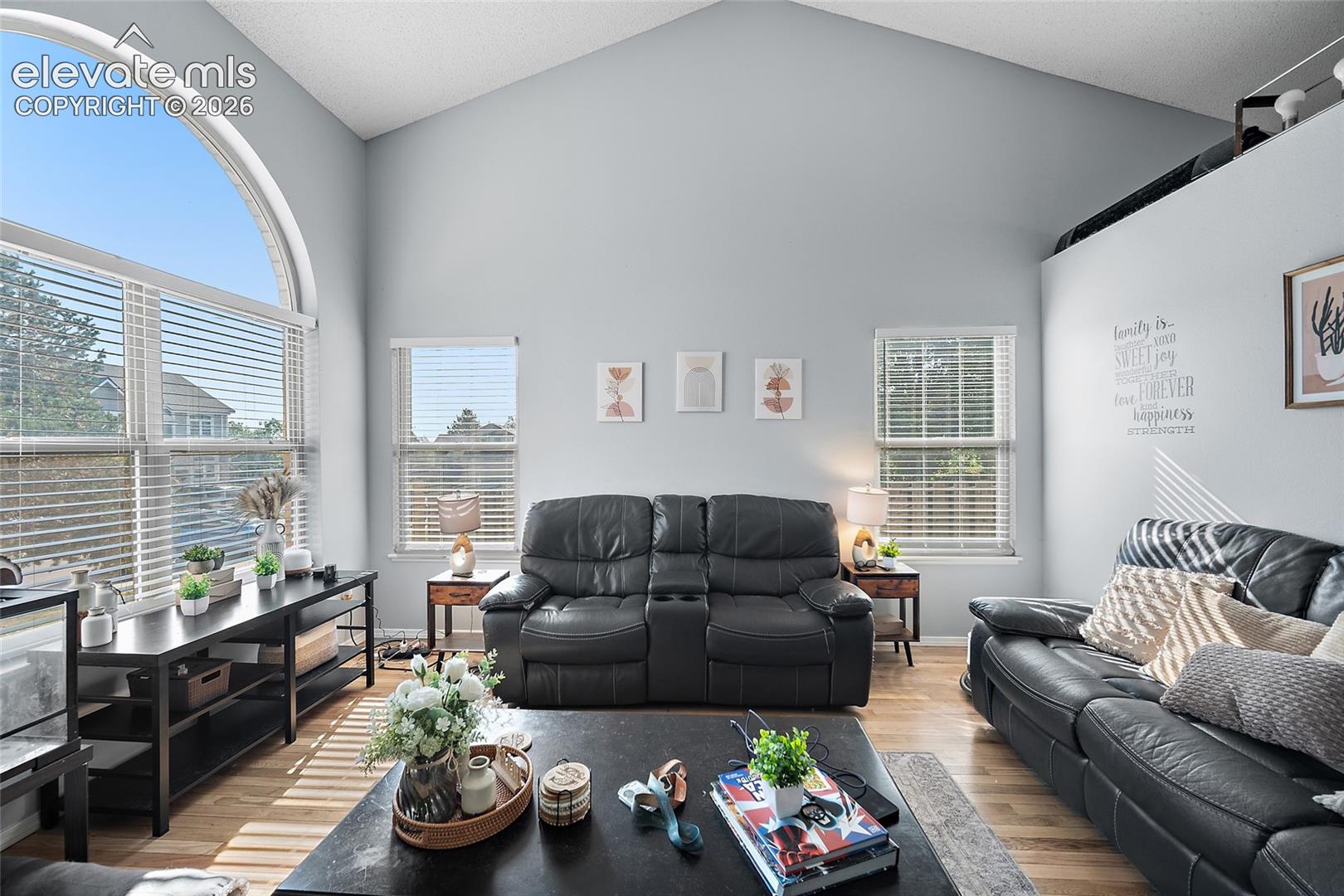 Soaring vaulted ceilings with an arched window, wood-finish flooring, and multiple windows
