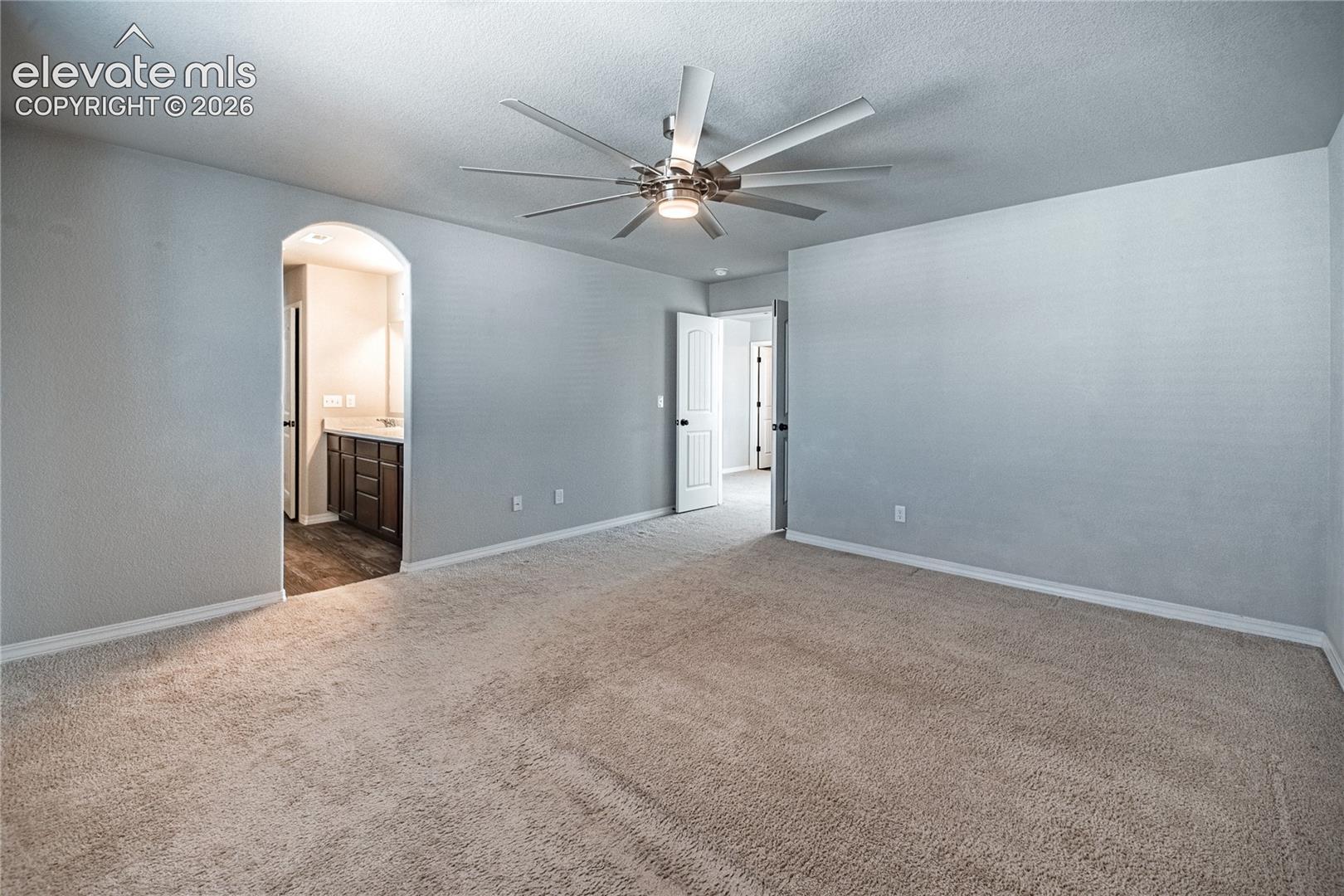 Spacious room with neutral-toned carpeting, a contemporary ceiling fan, and light gray walls