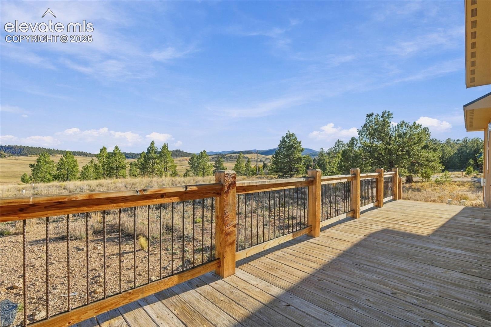 Elevated wood-plank deck featuring heavy timber posts and black metal balusters overlooking vast open terrain and evergreen trees