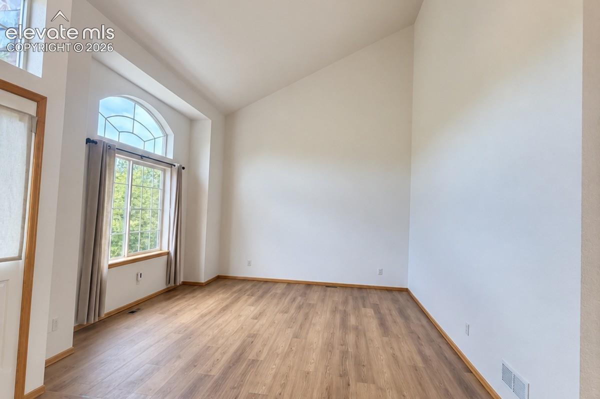 Entry flex room. Vaulted ceiling, arched transom window, wood-finish flooring, and white painted walls