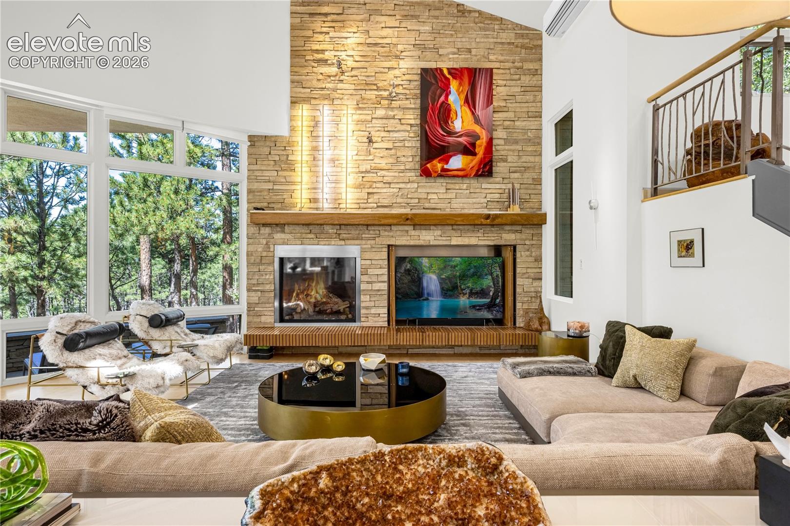 Hand stacked natural stone fireplace