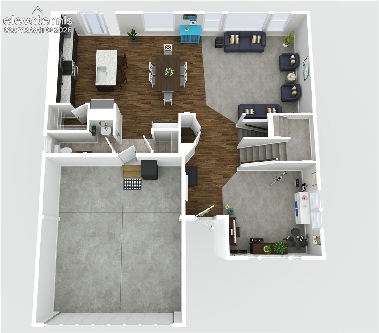 3-D rendering of the main level floorplan and the garage.