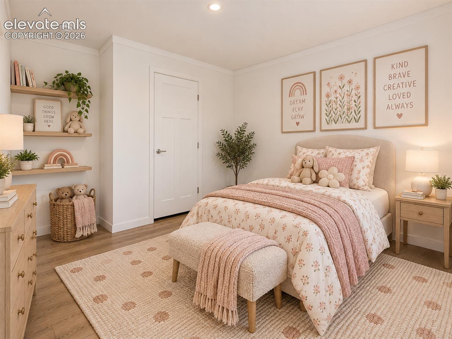Bedroom – Alternate bedroom view highlights the roomy layout, wide-plank flooring, recessed lighting, and convenient closet access.