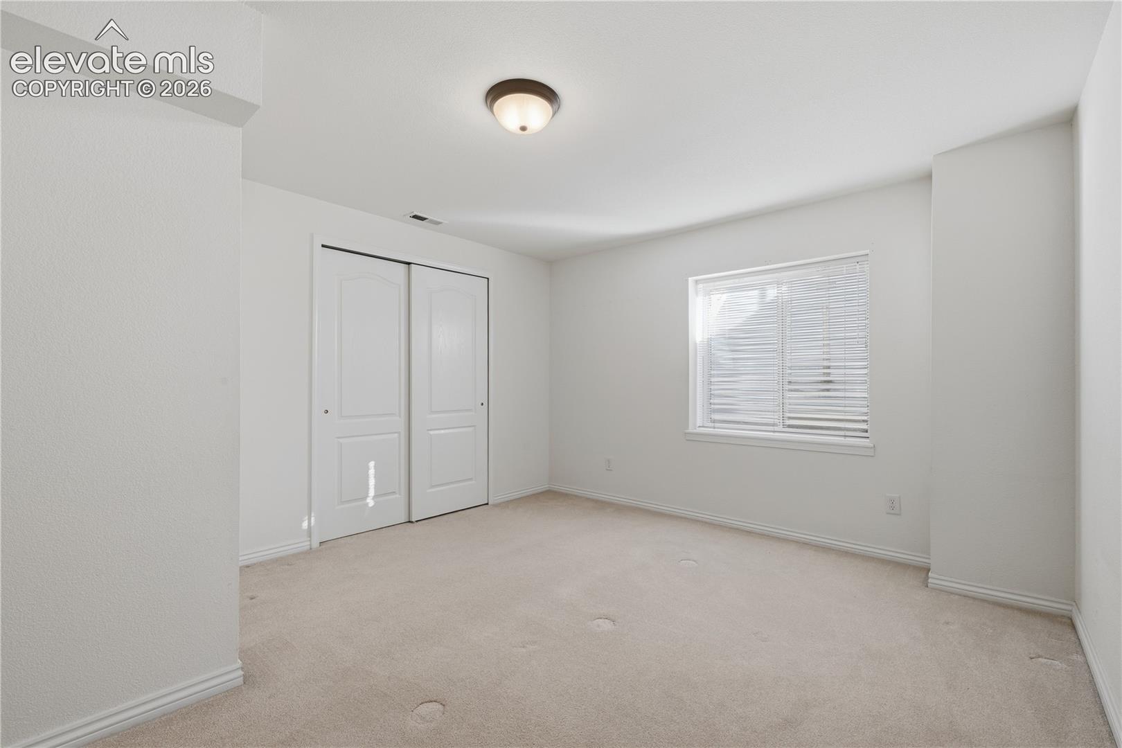 Neutral-toned carpeted flooring, white interior walls, flush-mount ceiling lighting, double-door closet with panel detailing, and a multi-pane window with horizontal blinds