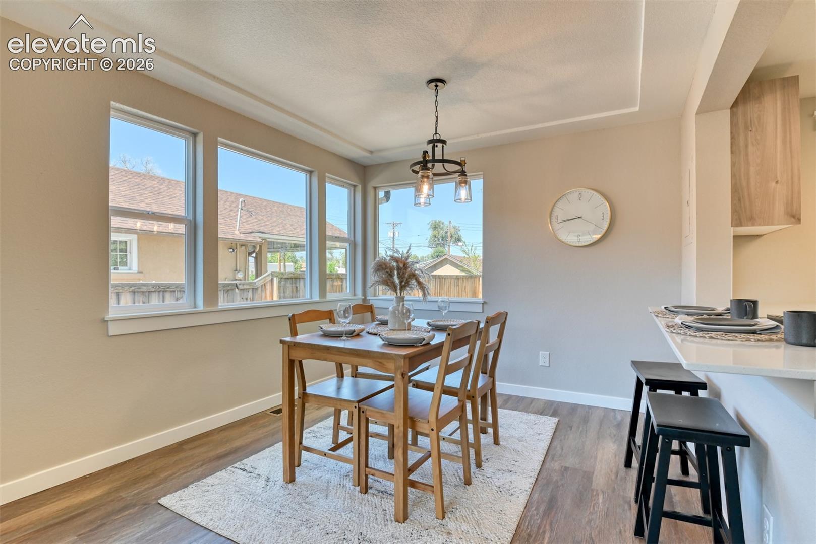 Recessed ceiling detail, wood-finish flooring, multiple windows, built-in breakfast bar, and an overhead light fixture