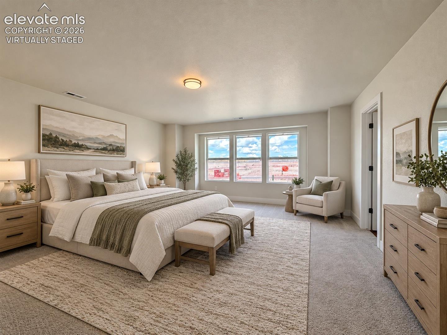 bedroom with large bed, three-panel window and neutral decor — virtually staged