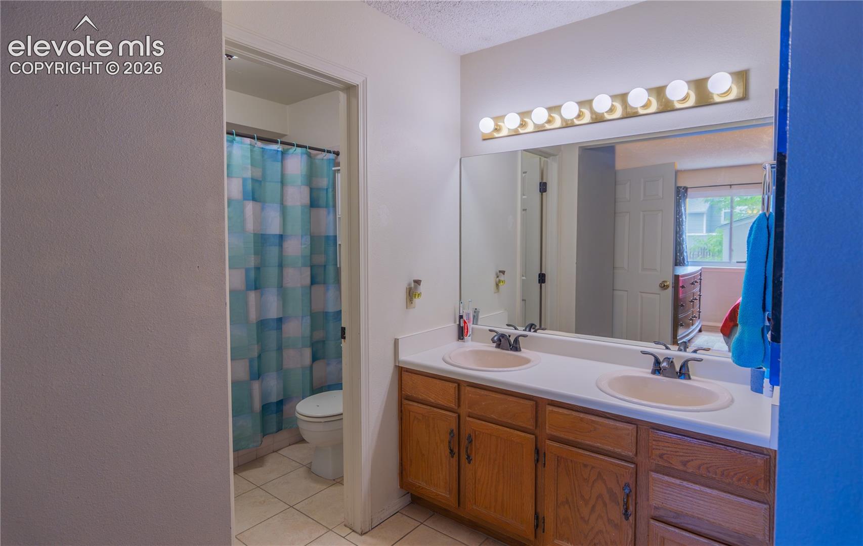 Dual vanity with integrated sinks, wood-finish cabinetry, and a large wall-mounted mirror with an overhead light fixture