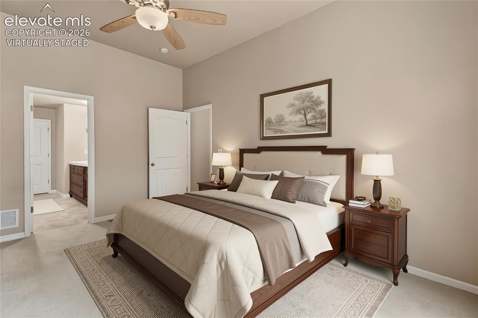 Master bedroom featuring a wood-frame bed with upholstered headboard, dual nightstands with task lighting, ceiling fan with integrated light fixture, and neutral wall-to-wall carpeting virtually staged