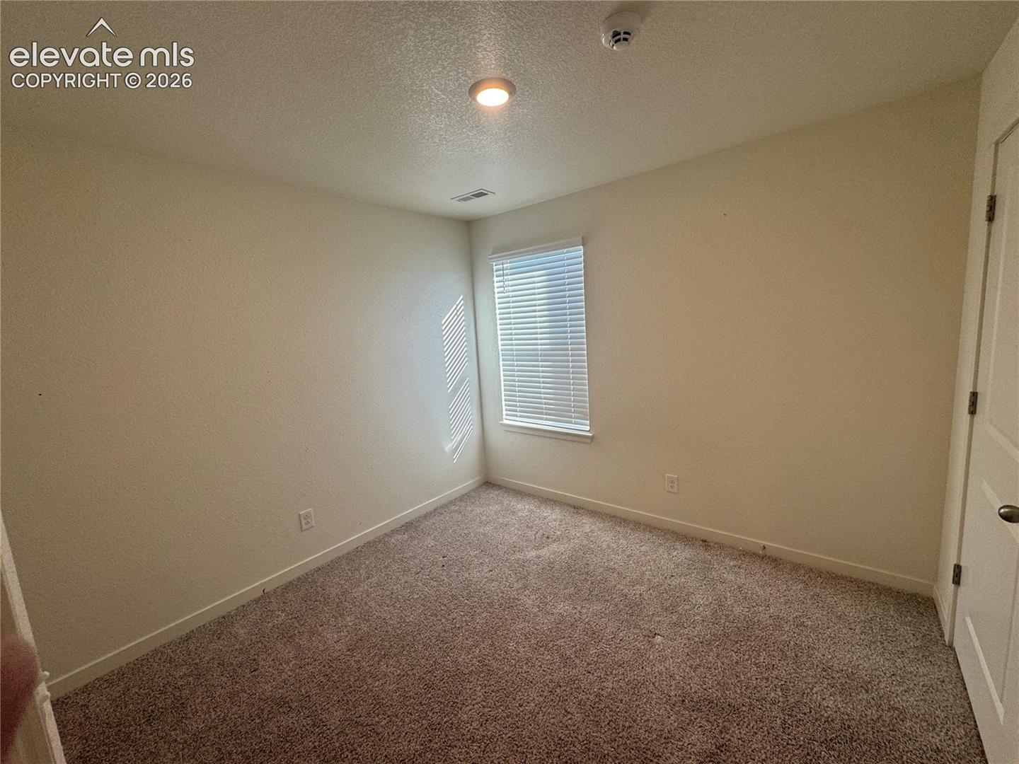 Neutral-toned interior space featuring neutral wall-to-wall carpeting, a single-panel interior door, and a window equipped with horizontal blinds
