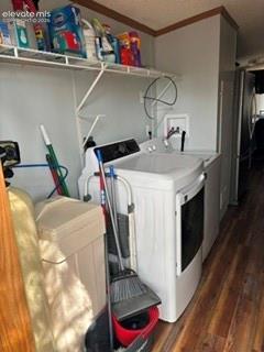 Laundry area featuring wood-finish flooring and a built-in wire shelving unit