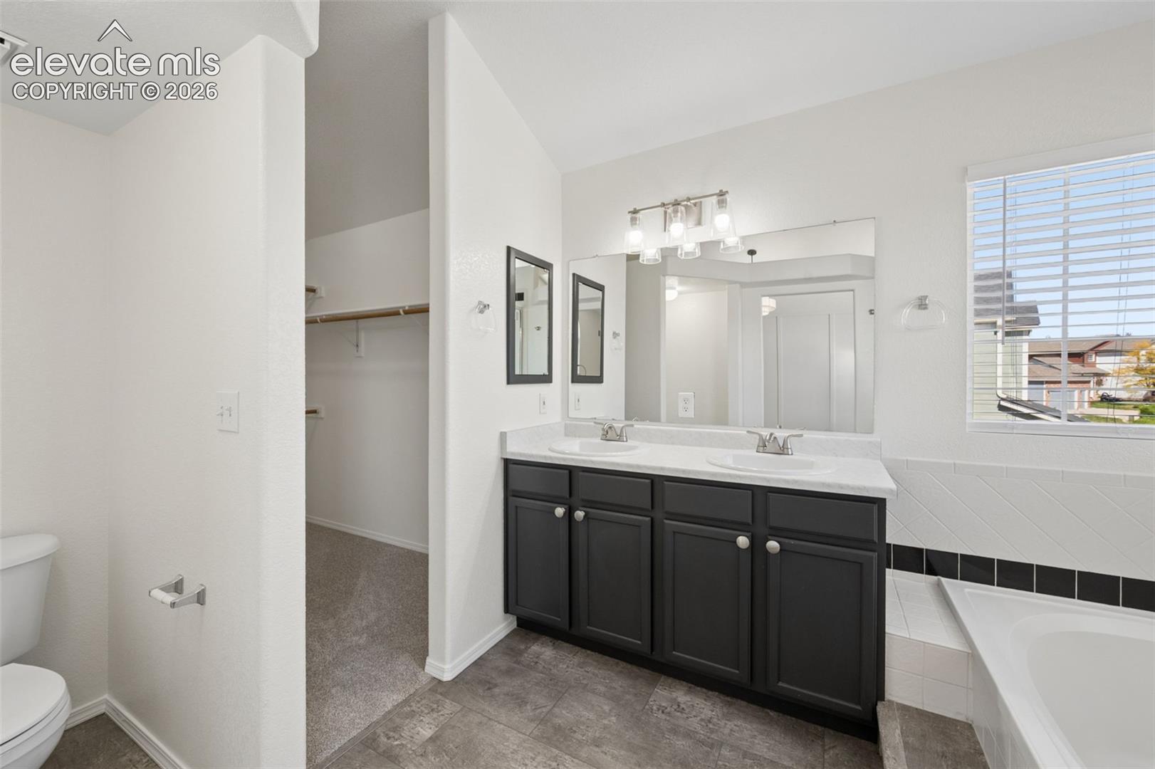 Double vanity featuring dark-finished cabinetry, solid-surface countertop with dual drop-in sinks, full-width mirror, and multi-bulb vanity lighting