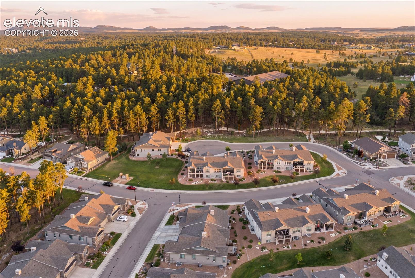 Residential development featuring modern homes, paved streets, and abundant surrounding tree coverage.