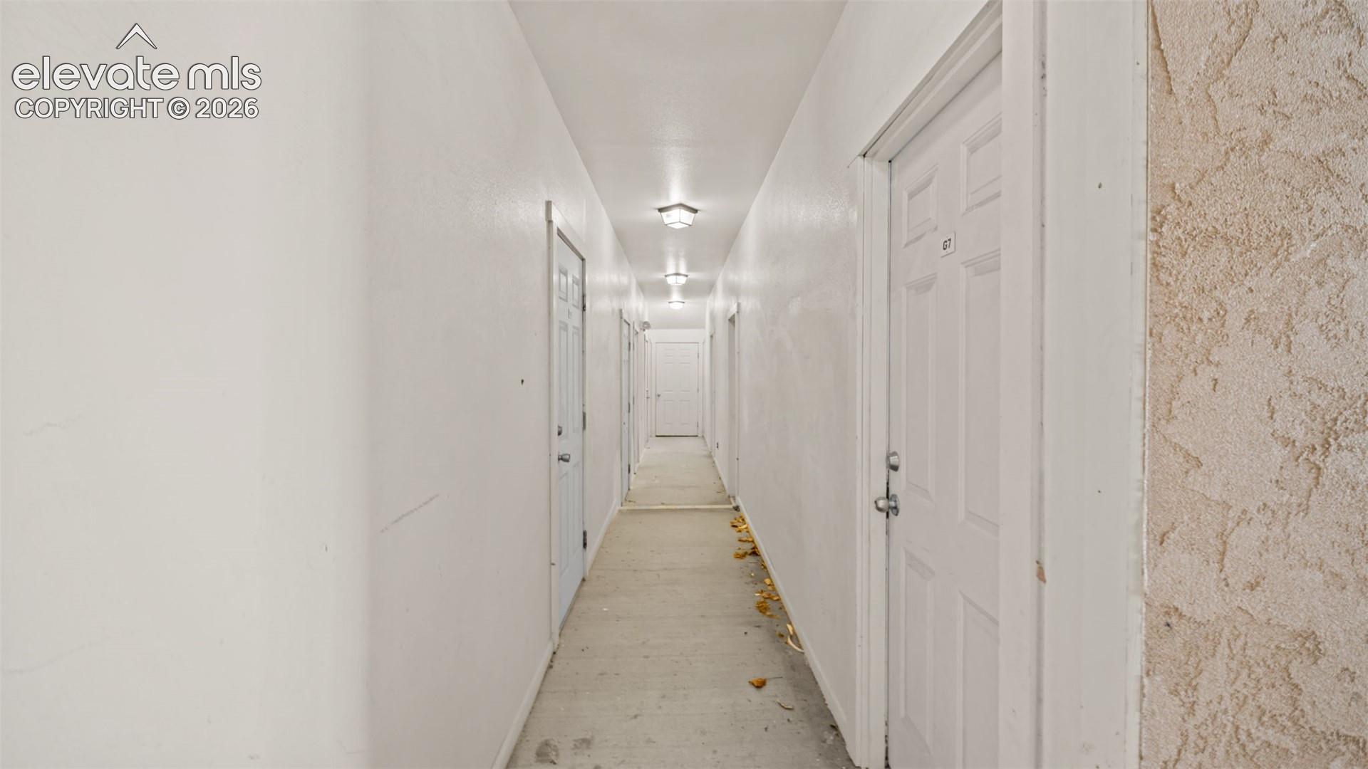 Basement hallway leading to storage unit.