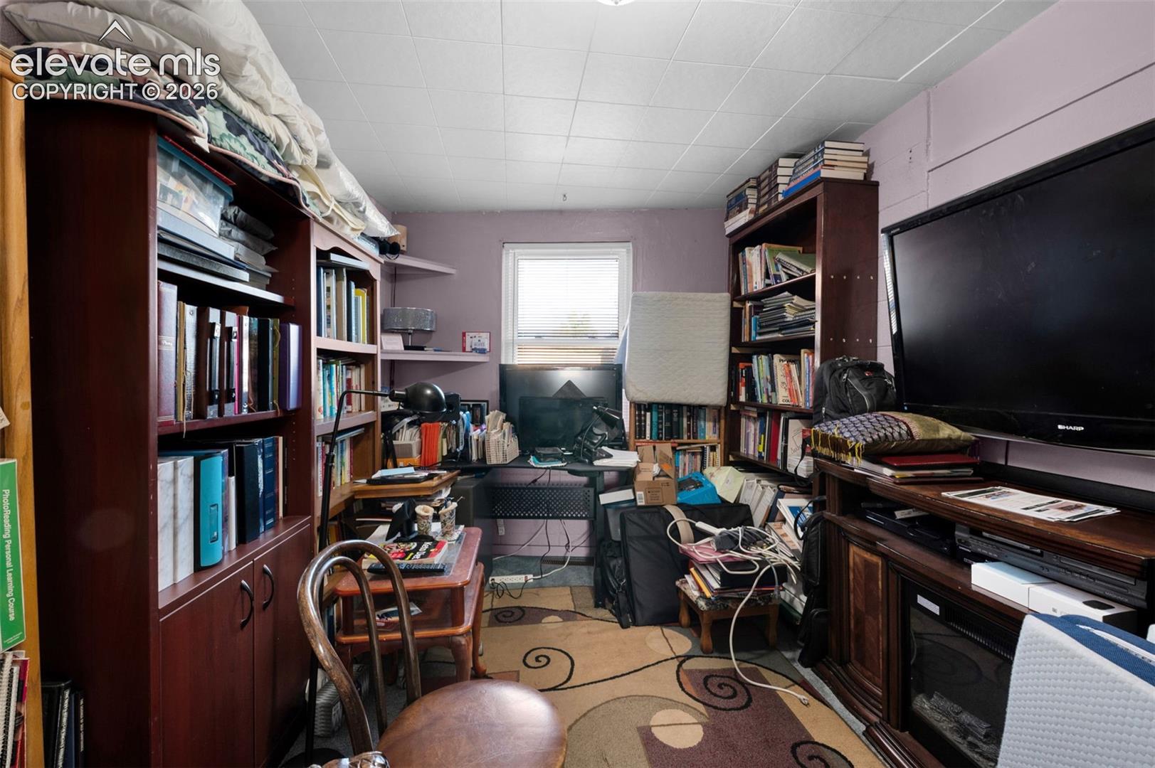 Interior room featuring a window and built-in electric fireplace console