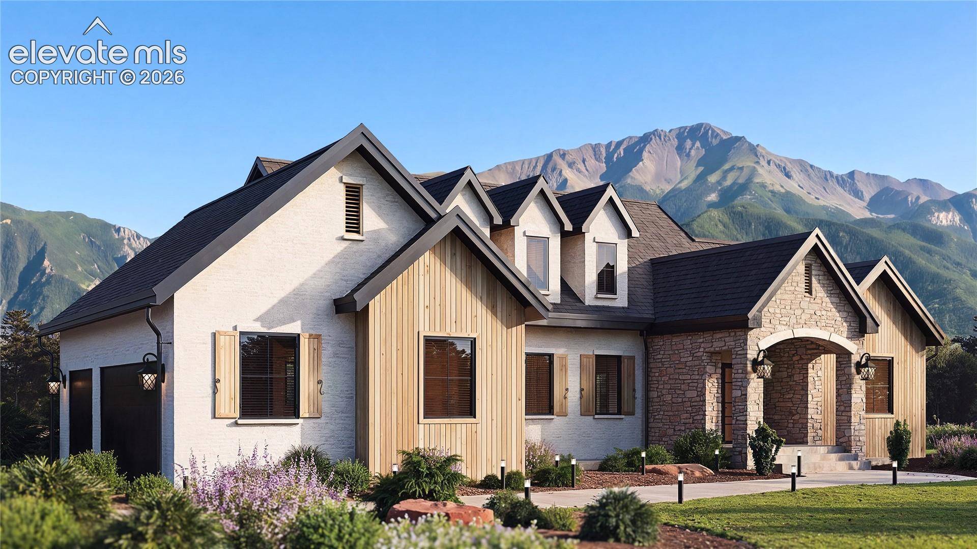 Stucco and wood-paneled exterior with stone accents, multiple gables, and a prominent arched entry