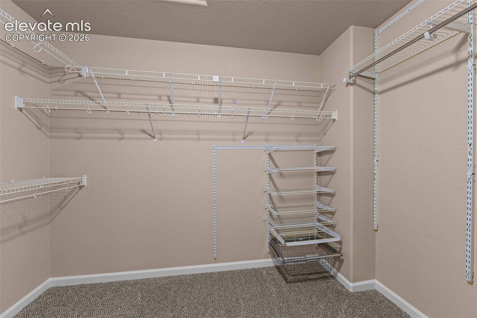 Walk-in closet featuring wall-to-wall carpeting and adjustable white wire shelving systems with integrated garment rods and storage baskets