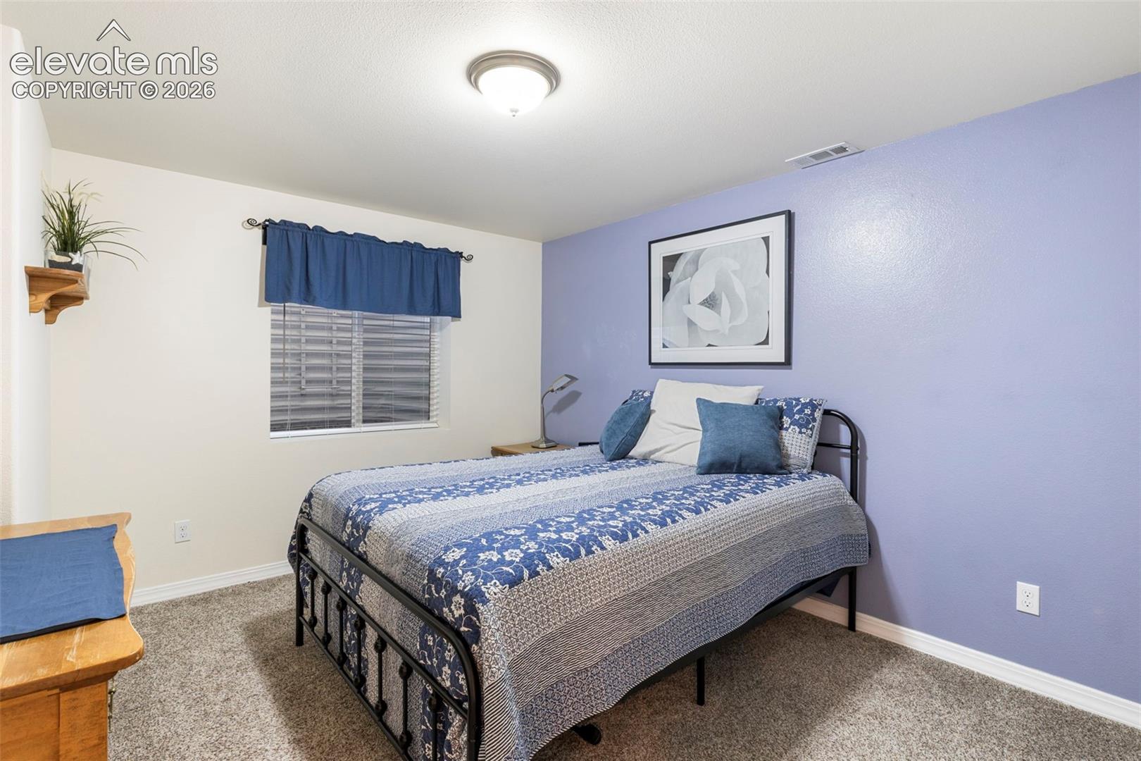 Plush carpet flooring, a window with blinds, and a flush mount ceiling light fixture
