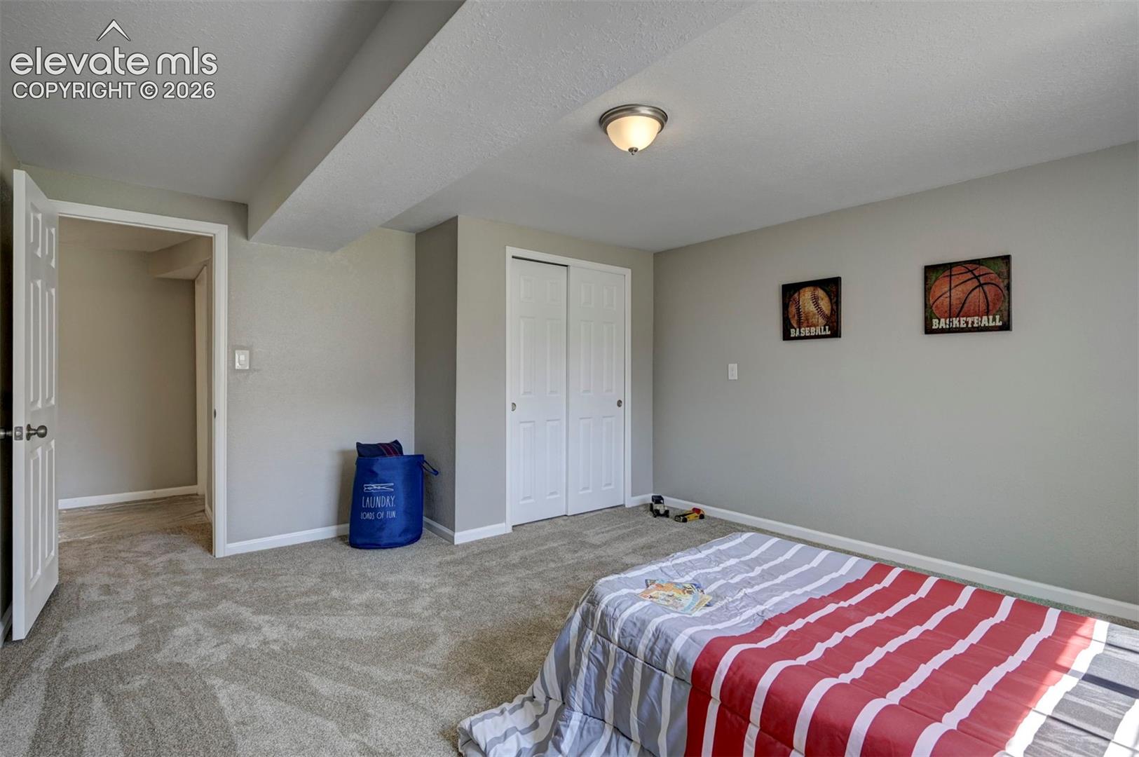 Neutral wall finishes, plush carpeting, ceiling-mounted light fixture, and closet with dual-panel sliding doors