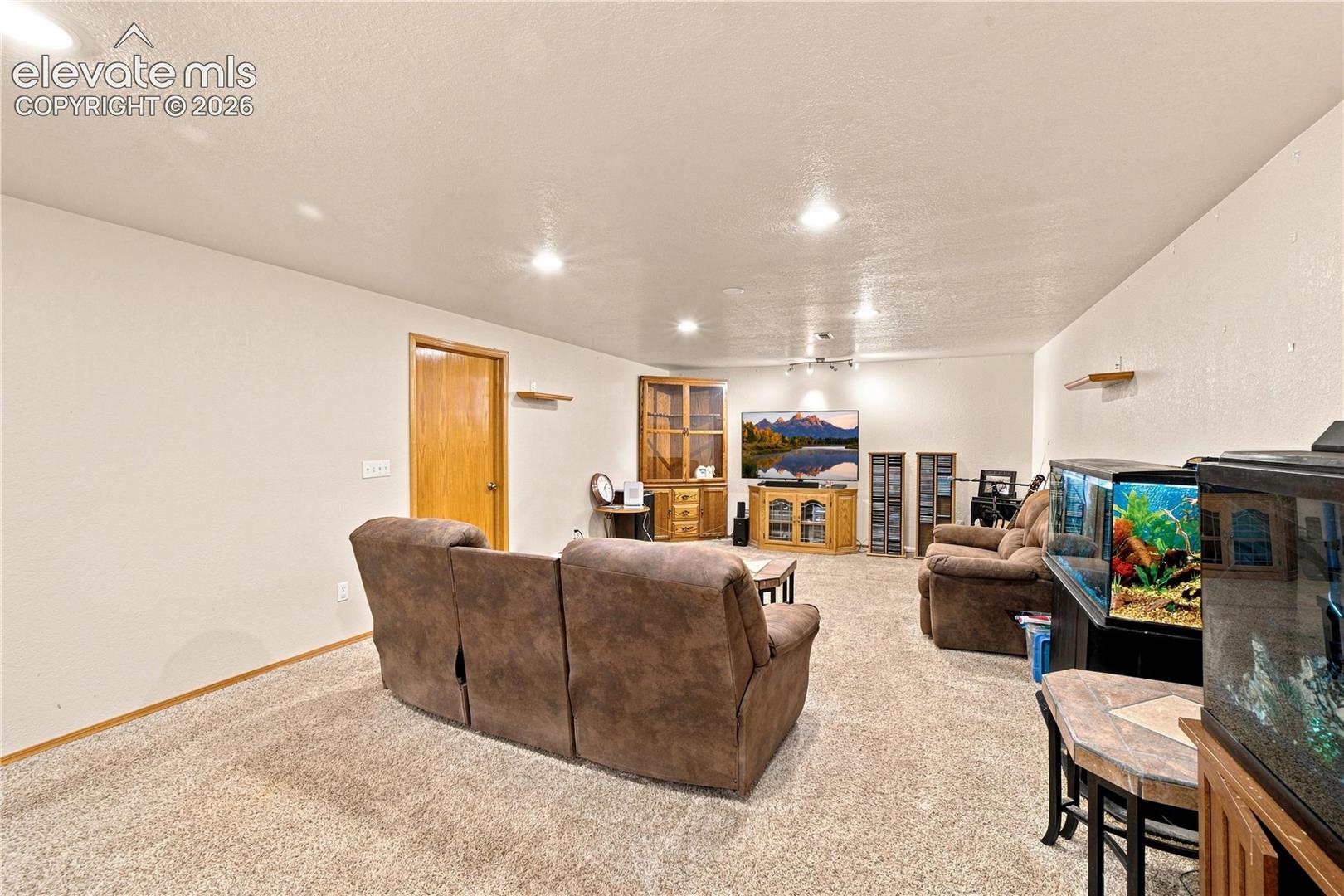 Carpeted room with recessed lighting and a wood-finish door