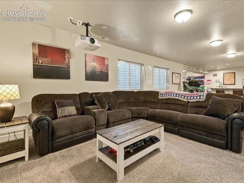 Recessed ceiling lights, projection system, two windows with blinds, built-in bar area