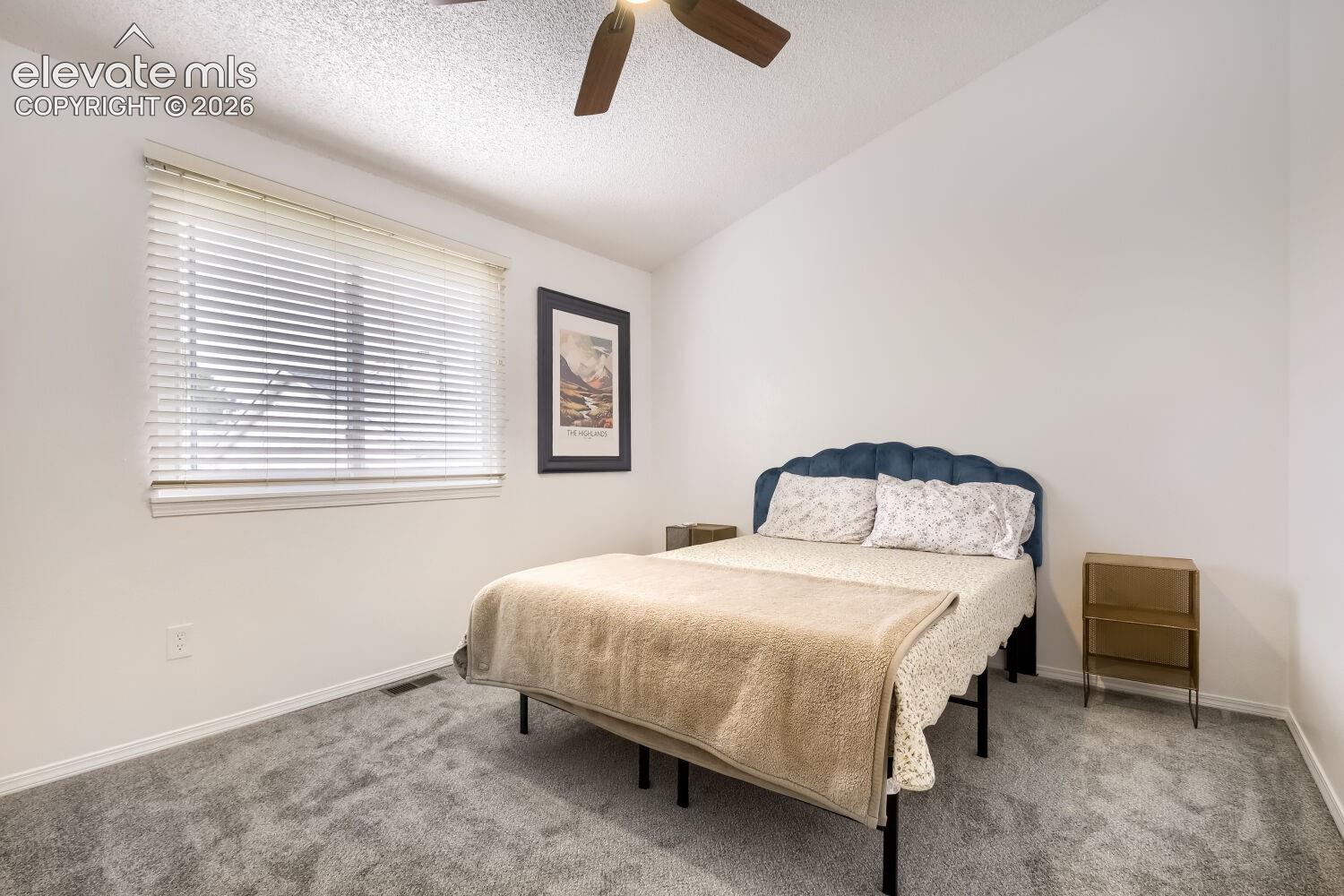Neutral interior with high ceilings, plush carpeting, and a ceiling fan with integrated lighting