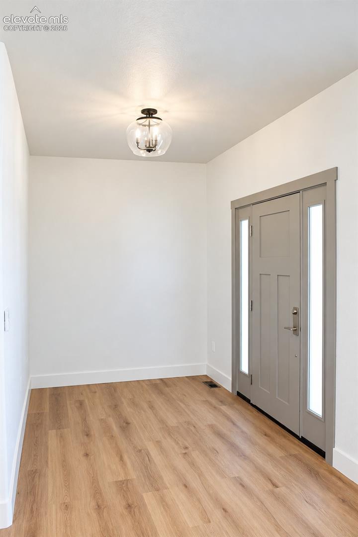 Wood-finish flooring, white walls, modern ceiling light fixture, grey door with sidelights, and white trim
