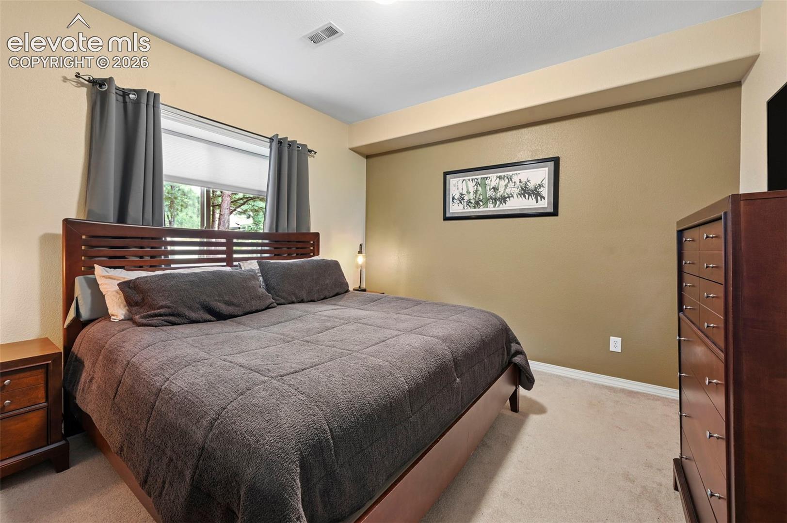 Hardwood bed frame with slat headboard, neutral carpeting, and a built-in ceiling light fixture