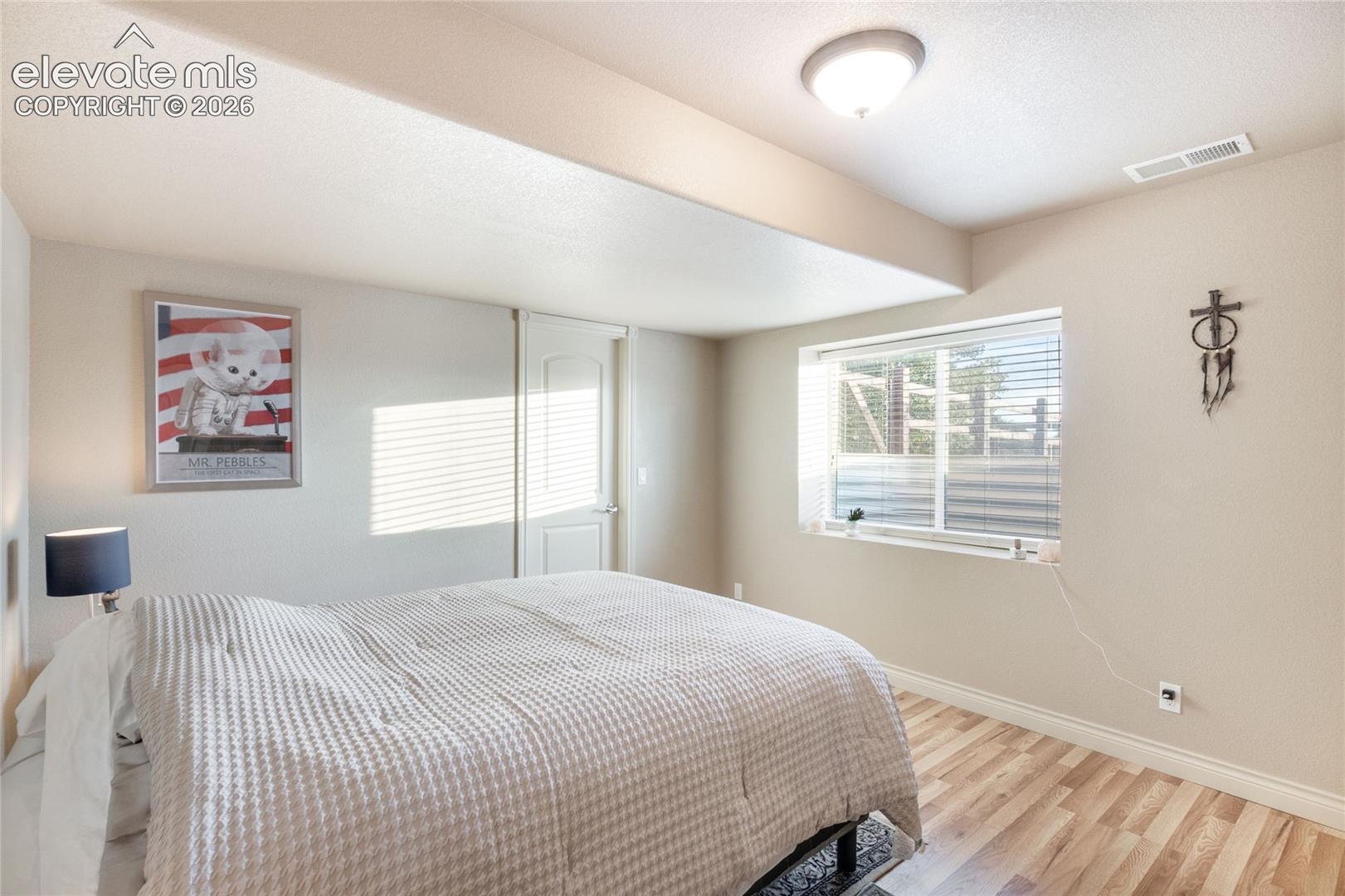 Basement Bedroom with LVP flooring, a neutral color palette, recessed window, and a single-panel interior door