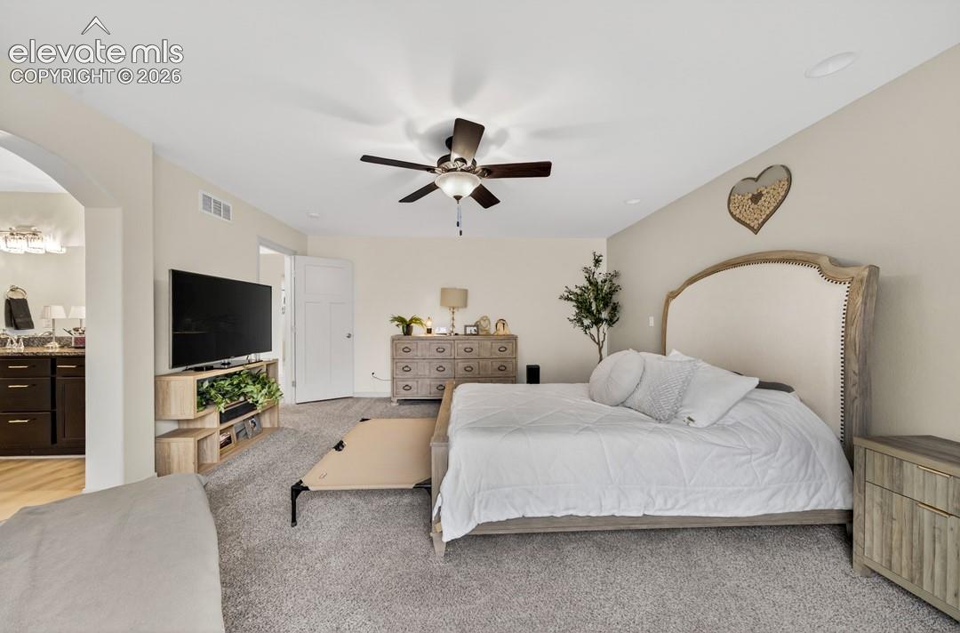 New carpet, Oversized room, ceiling fan, adjoining bath, oversized walk-in closet