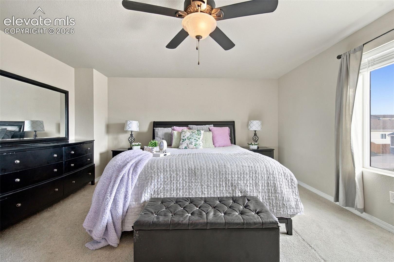 Room featuring neutral wall tones, carpeted flooring, a ceiling fan with integrated lighting, and a window with neutral-toned curtains
