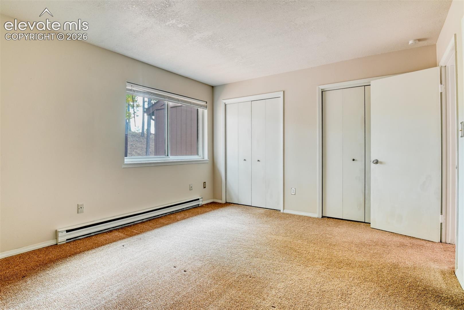 Window with exterior scenery, two bi-fold door closets, and wall-to-wall carpeting