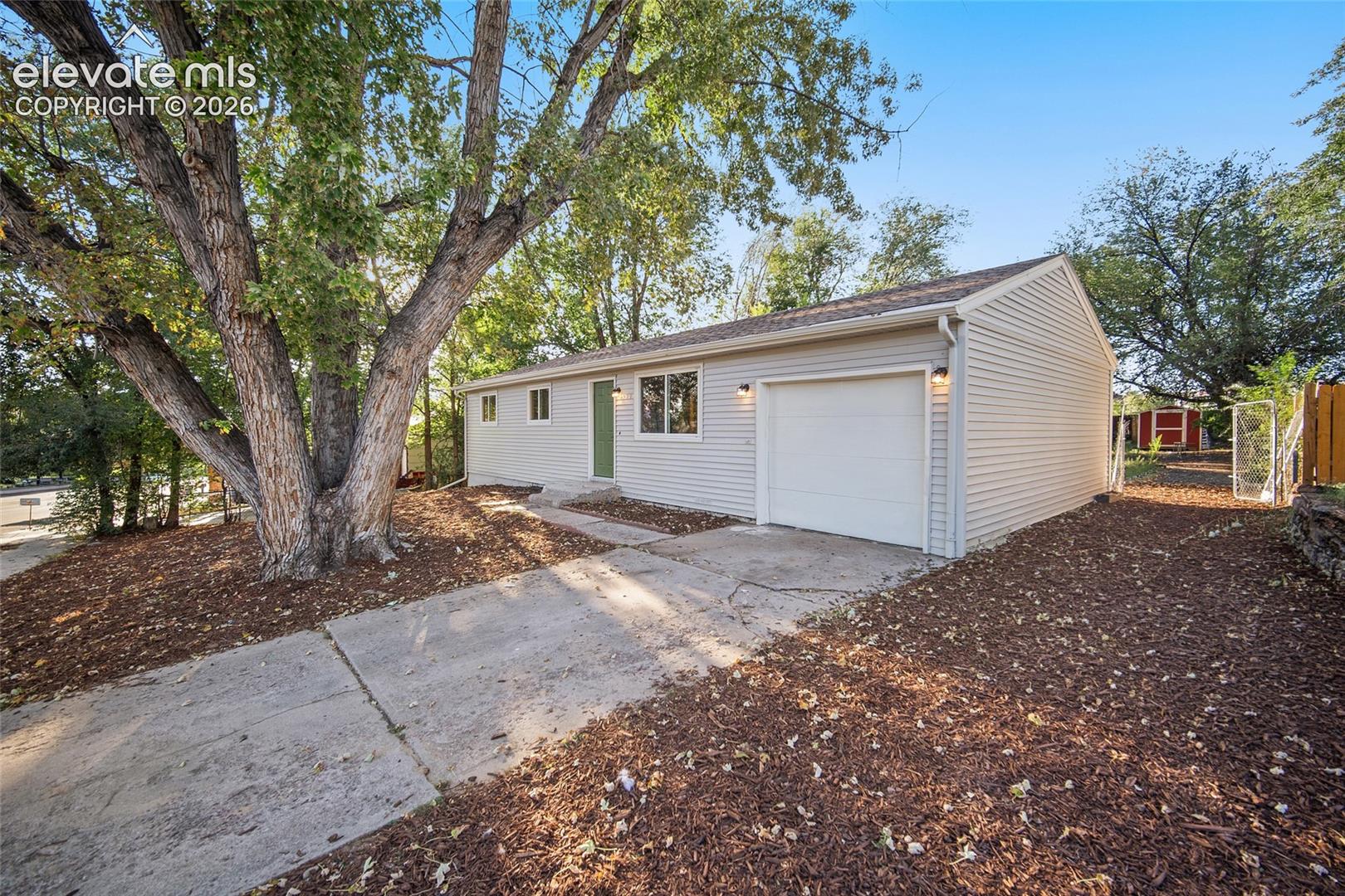 Single-story residence featuring light-colored siding, an attached garage, a paved driveway, and mature landscaping