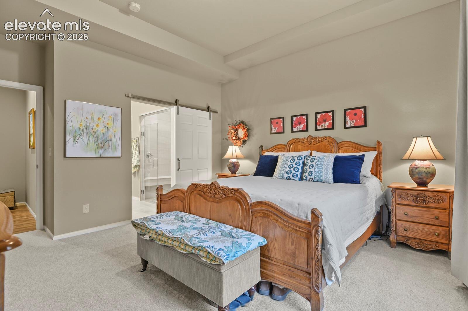 Room featuring tray ceilings, neutral wall tones, and a sliding barn-style door