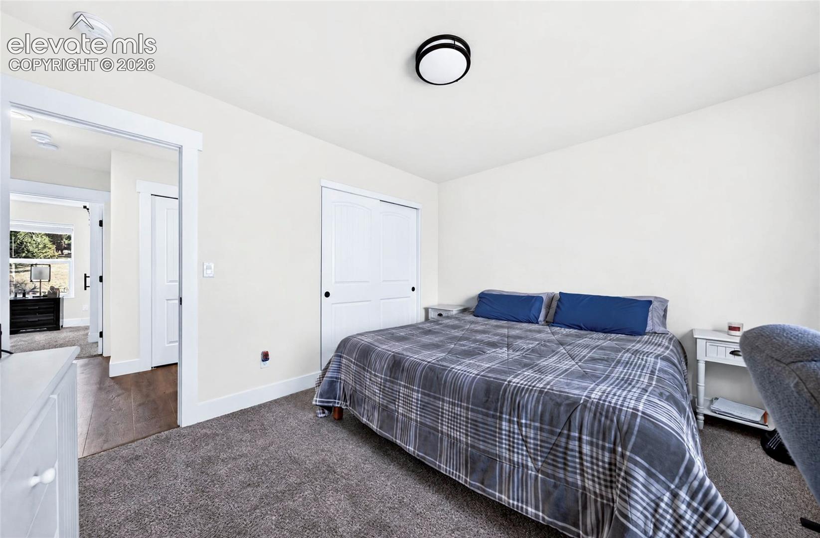 Neutral wall paint, carpeted flooring, two-panel interior doors, and a flush-mount circular ceiling light fixture