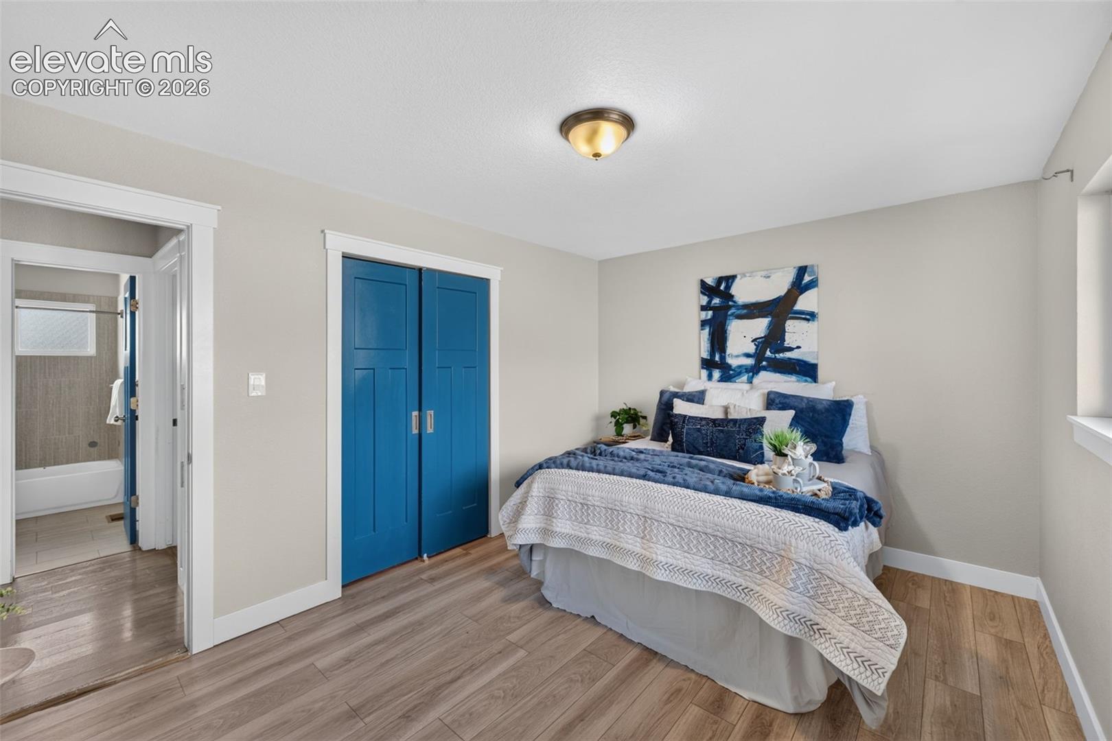 Room featuring wood-finish flooring, dual-panel blue closet doors, and a flush-mount ceiling light fixture