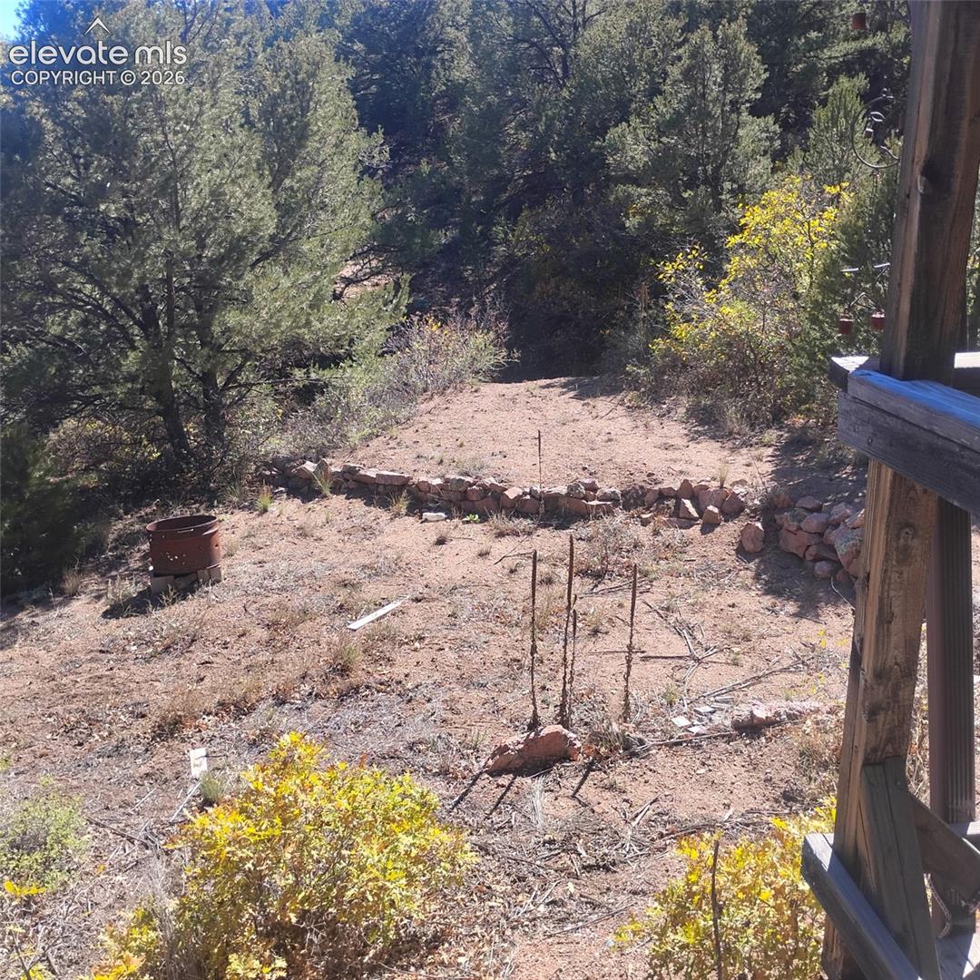 Natural landscape featuring tiered stone retaining walls, mature pine and juniper trees, and native vegetation